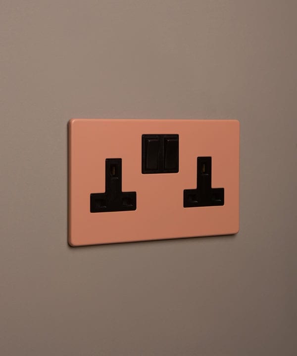cinnamon double plug socket with black insert on caramel latte background