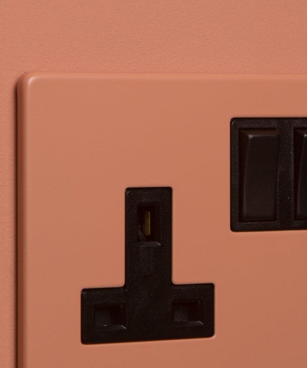 close up of cinnamon double plug socket with black insert on cinnamon background