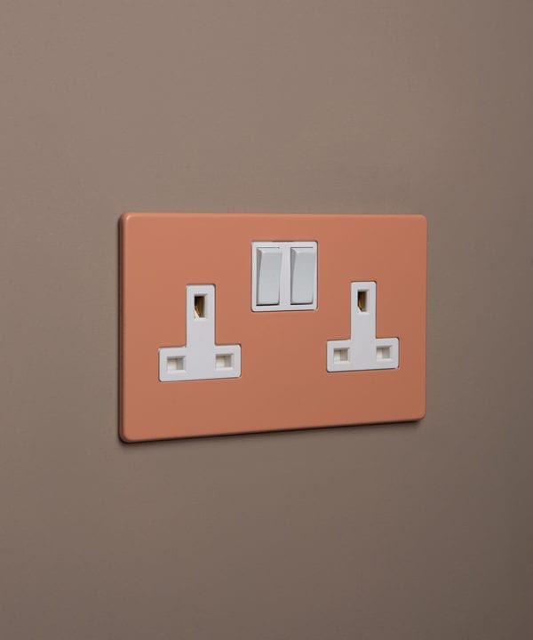 cinnamon double plug socket with white insert on caramel latte background