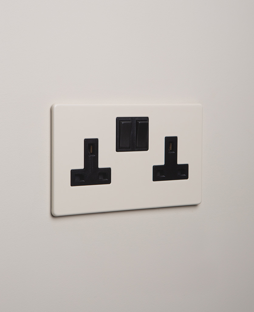 whipped cream double plug socket with black insert on white background