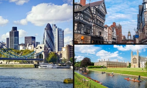 Collage of three city images; London, Chester and Cambridge