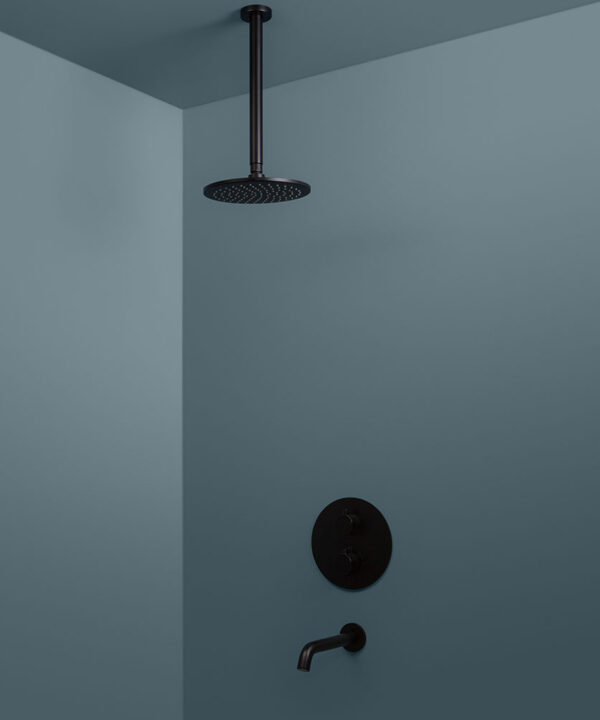 black thermostatic ceiling shower and bath tap