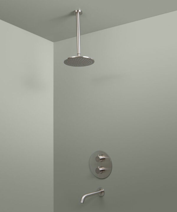 silver thermostatic ceiling shower and bath tap