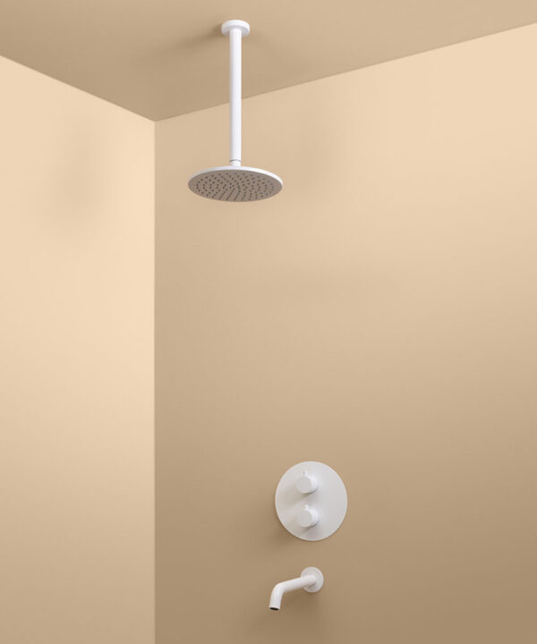 white thermostatic ceiling shower and bath tap