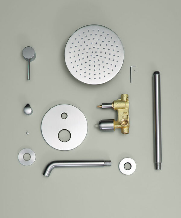 silver modular ceiling shower and bath tap flat lay