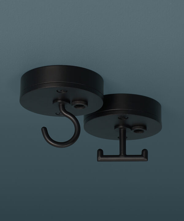 small black c-hook and t-hook ceiling roses on blue background