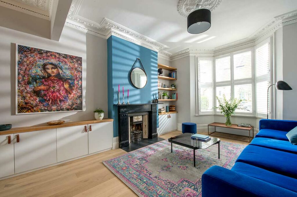 Lounge of Leppoc Road, as featured on Geroge Clarke's Old House New Home, featuring magni door handles on the sideboard