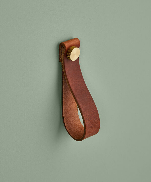 large dark tan magni handle with gold stud against sage green background