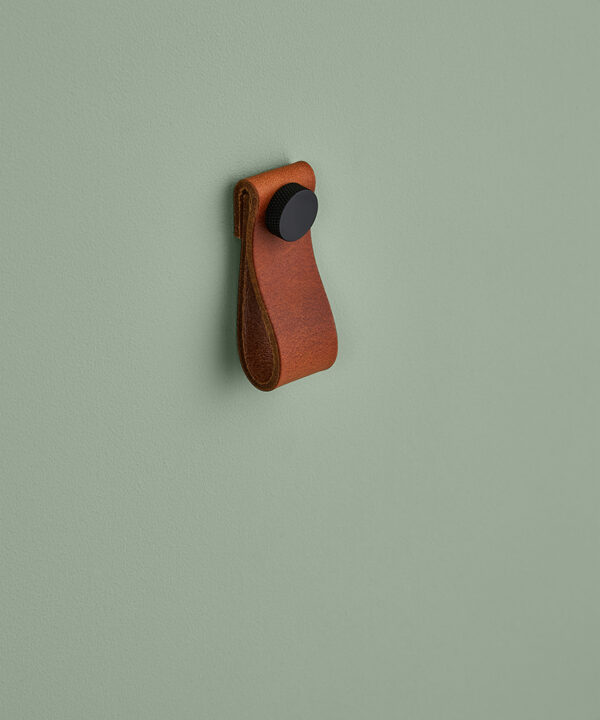 small dark tan magni handle with black stud against sage green background
