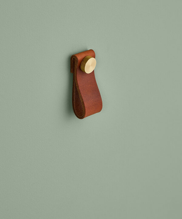 small dark tan magni handle with gold stud against sage green background