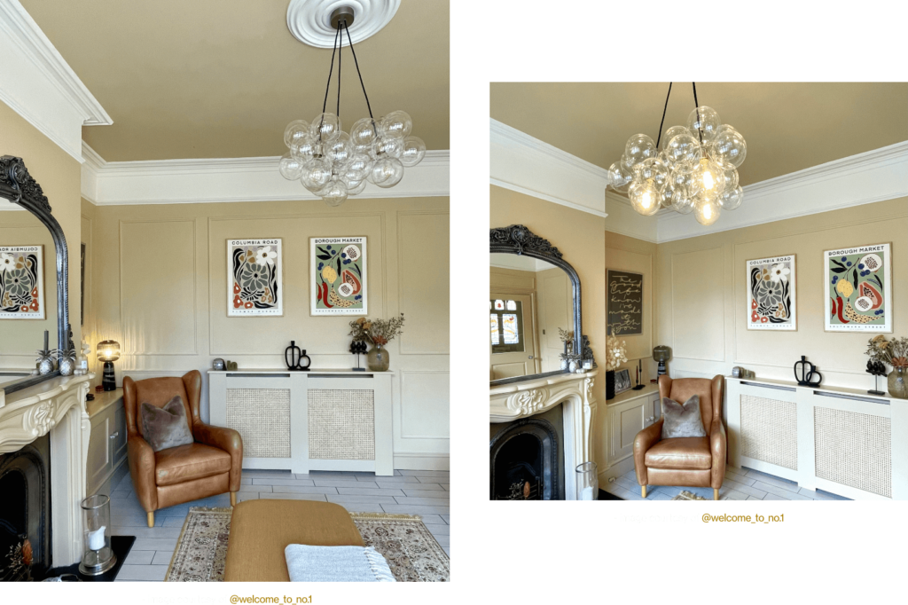 three point bubble pendant light in a Victorian living room