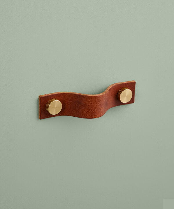 small dark tan Thor leather handle with gold knobs against green background
