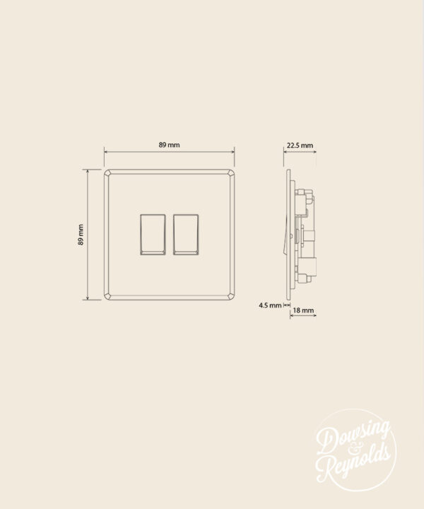 line drawing of a double rocker light switch with dimensions
