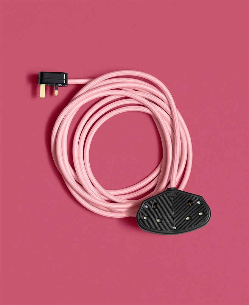 pink fabric extension cable lead with black double plug