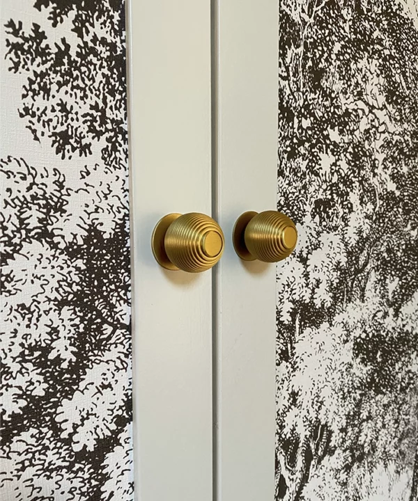 Brushed brass Beehive knobs on a wardrobe door.