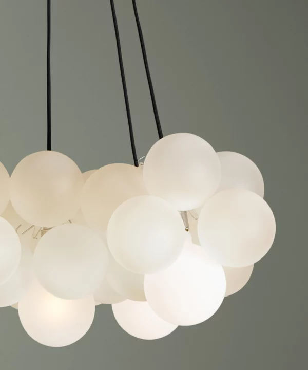 closeup of large frosted glass bubble ceiling light against green background