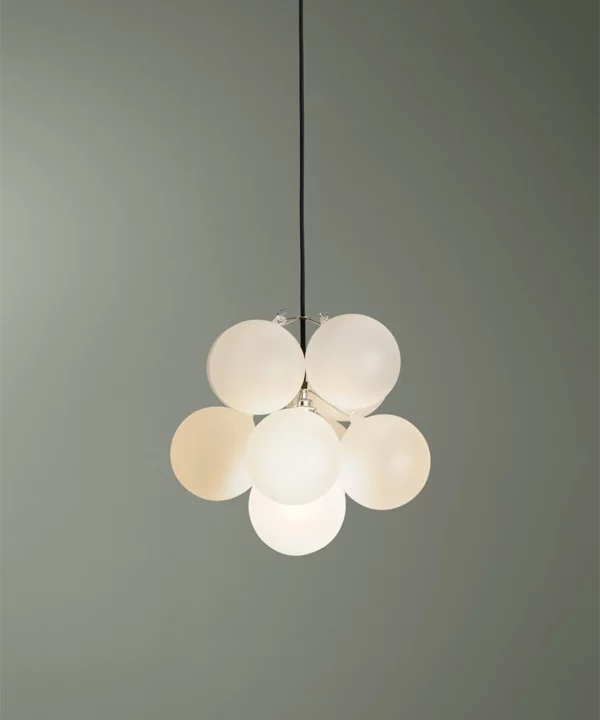 small frosted bubble light pendant with 8 glass orbs against green background