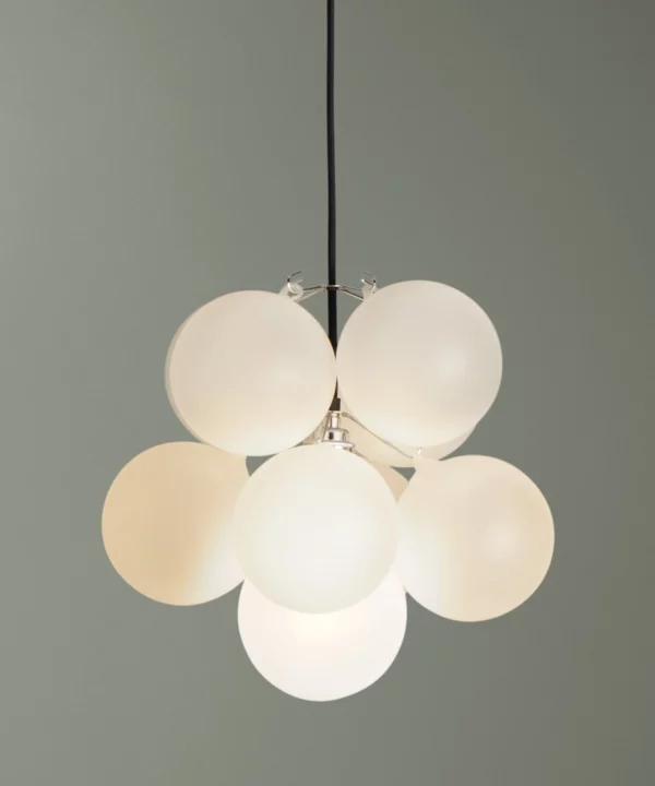 closeup of small frosted bubble light pendant with 8 glass orbs against green background