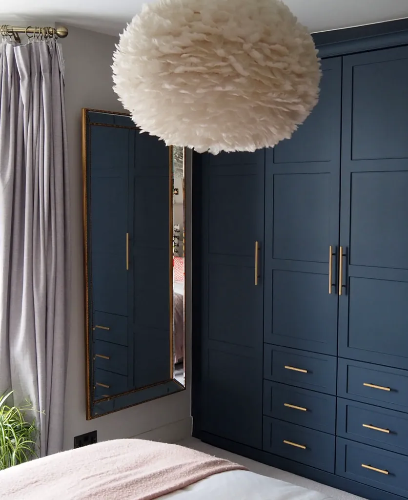 wardrobe doors painted deep blue with gold statement handles