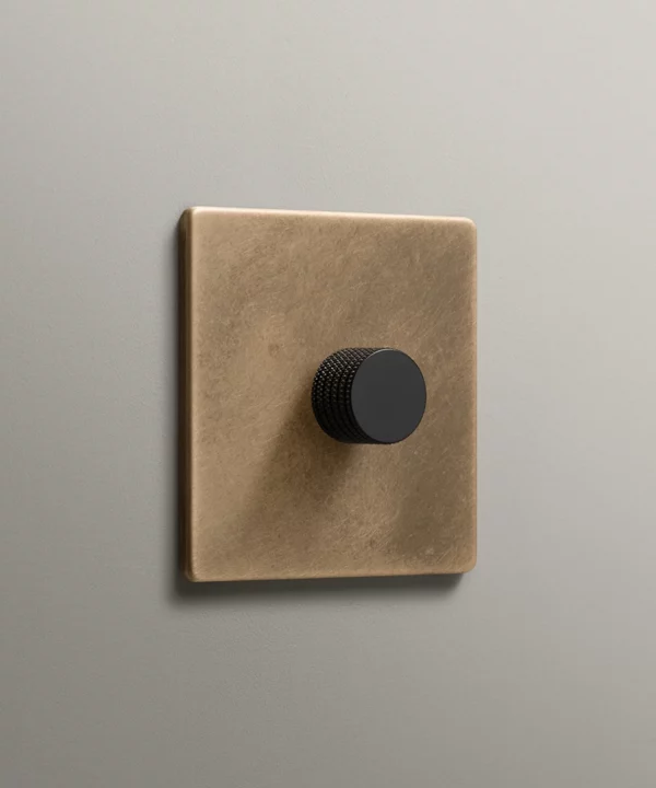 single antique brass dimmer with 1 black knurled knob