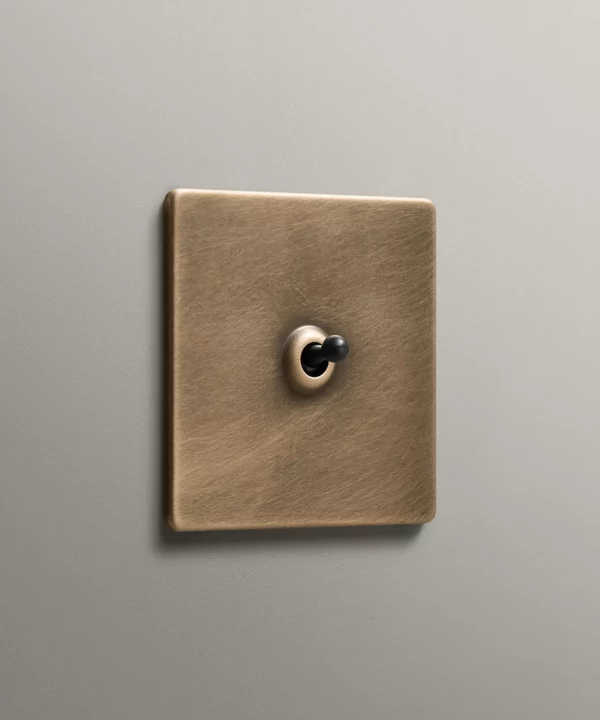 antique brass single toggle light switch on a taupe painted wall