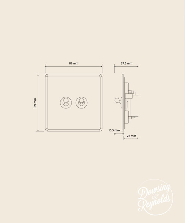 line drawing of a double toggle light switch with dimensions