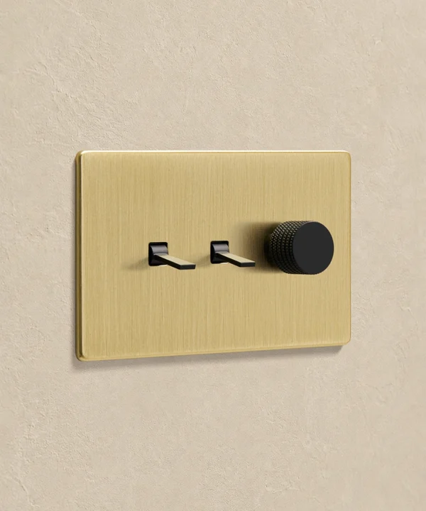 gold combination switch with 2 black tapered toggles and a black knurled dimmer dial