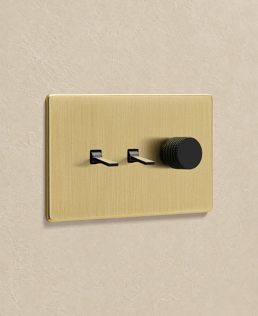 gold combination switch with 2 black tapered toggles and a black knurled dimmer dial