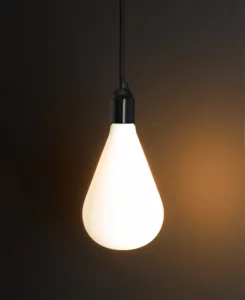 pear shaped light bulb, frosted finish, warm colour temperature