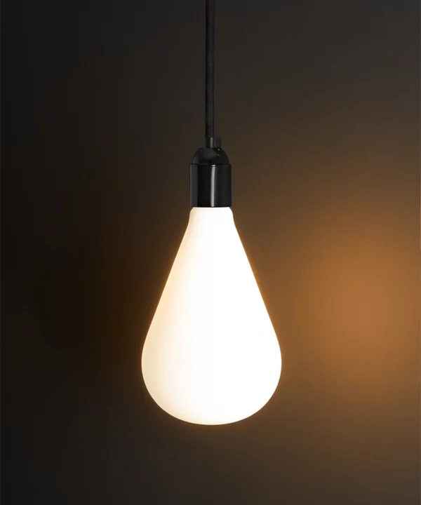pear shaped light bulb, frosted finish, warm colour temperature