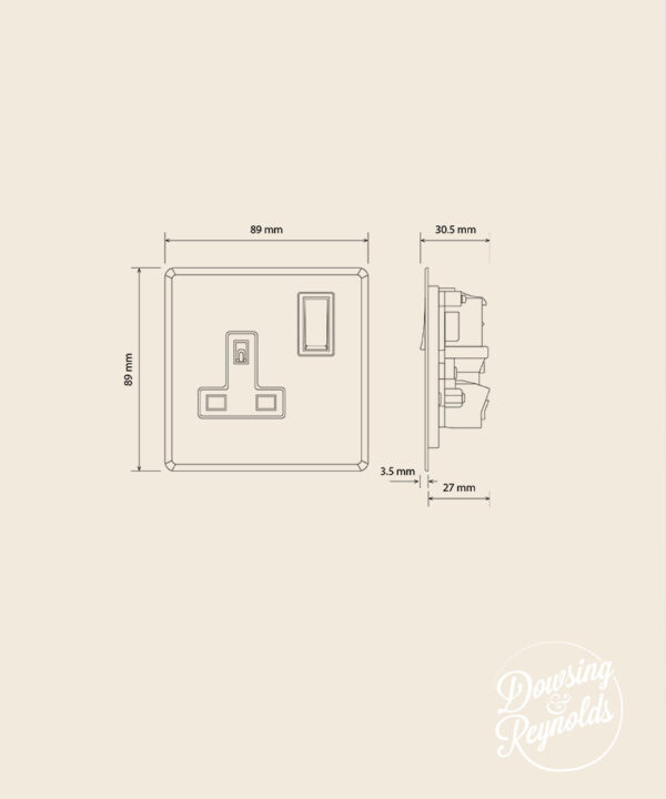 line drawing of a single wall socket with dimensions