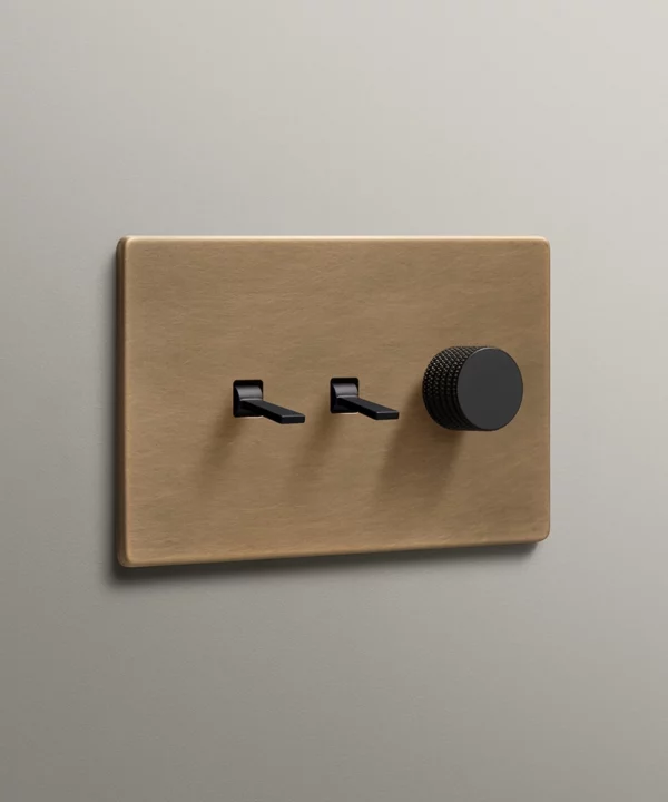antique brass combination light switch: two toggles and one knurled dimmer in matt black