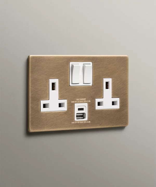 antique brass double two gang socket with one usb and one usbc charging port