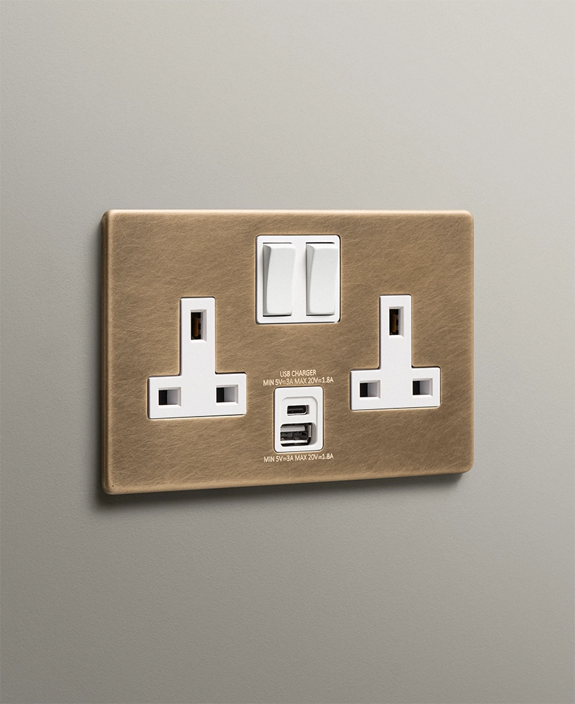 antique brass double two gang socket with one usb and one usbc charging port