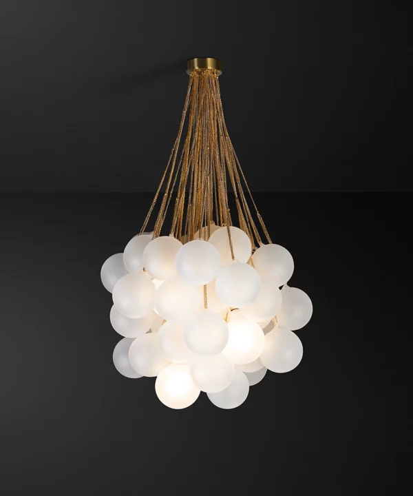 gold chain ceiling light with opaque bubble baubles