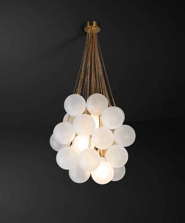 gold chain pendant light with cloud of opaque glass bubble baubles
