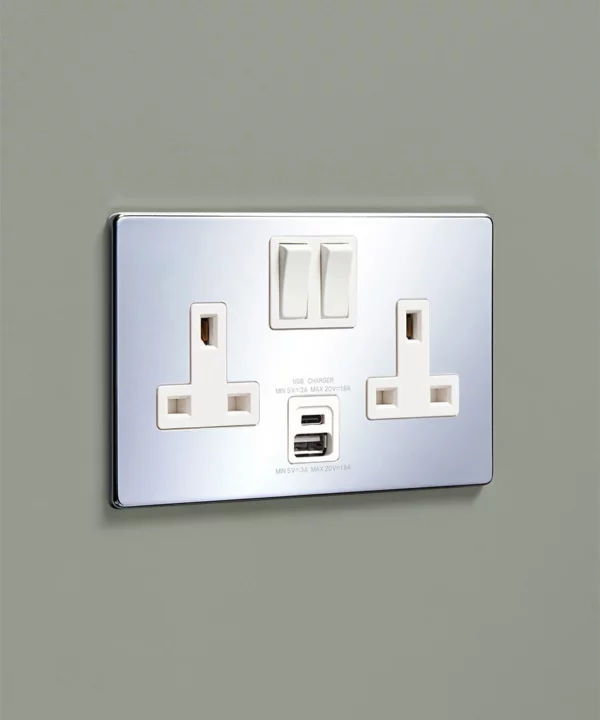 polished chrome modern double 2 gang plug socket with USB and USBC charging ports