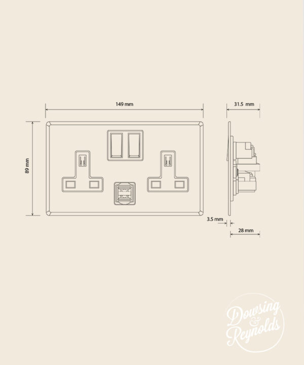 line drawing of a double wall socket USB & USB-C ports with dimensions