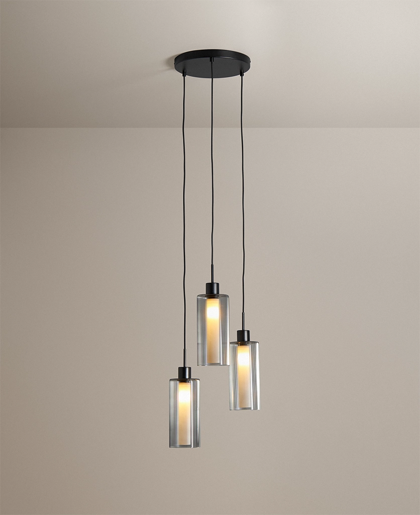 Black multi-pendant light from the Grantley range with ribbed glass tube-shaped shades