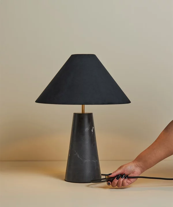 black marble conical based modern table lamp with black velvet texture shade