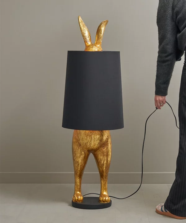 designer floor lamp Heidi hare in gold with black lampshade