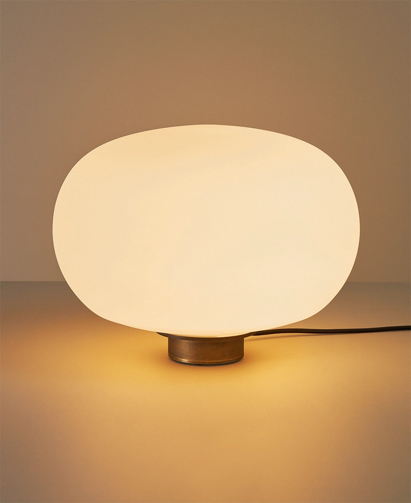 Waldorf glass table lamp with Antique Brass base and black fabric cable