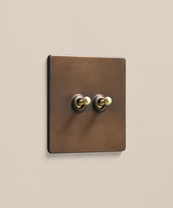 bronze double 2 gang toggle switch featuring two traditional gold toggles