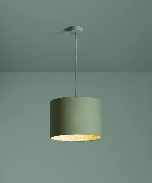 sage green bedroom pendant light with leaf pattern lining and green fabric cable