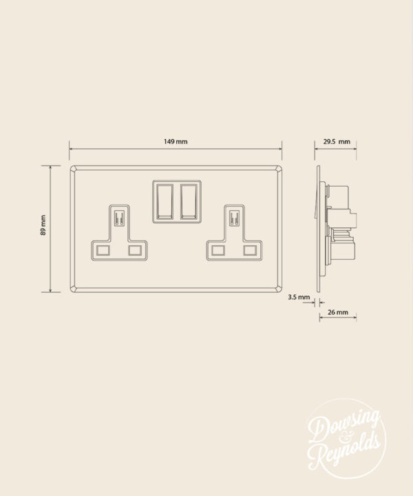 line drawing of a double wall socket with dimensions