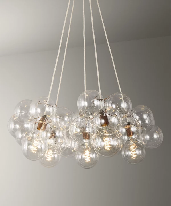 Antique Brass large bubble chandelier with linen fabric cable and clear baubles