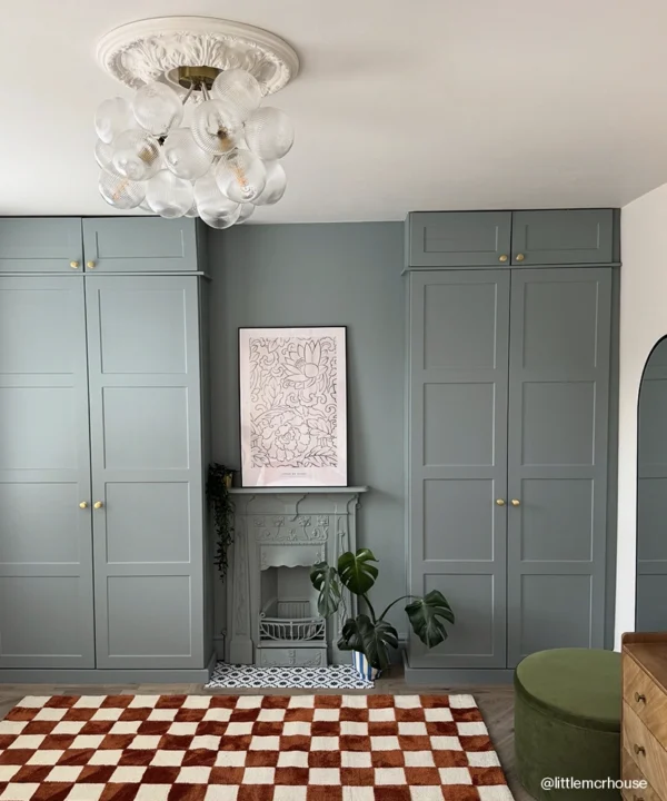 A Semi-Flush Fluted Bubble Chandelier in a bedroom.