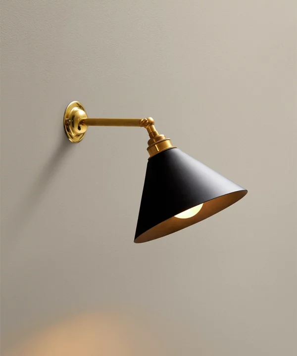 gold manston traditional wall sconce light with black metal cone-shaped shade