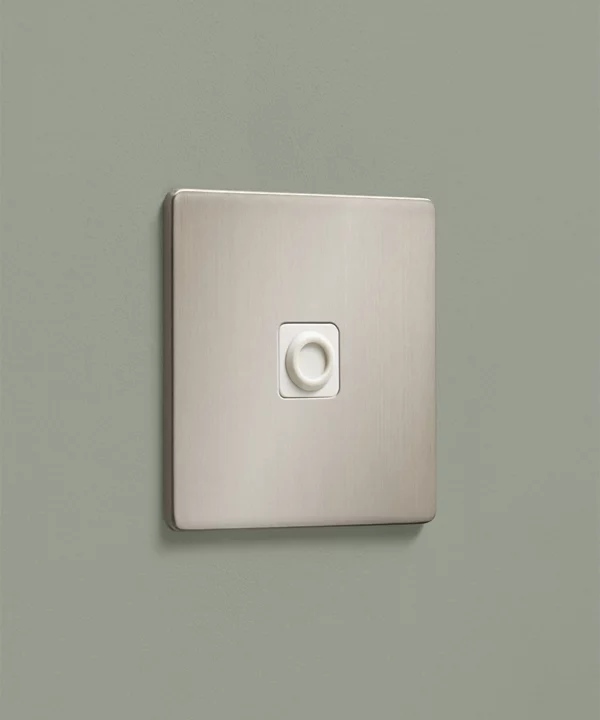 brushed silver dull nickel flex outlet on a pale sage painted wall