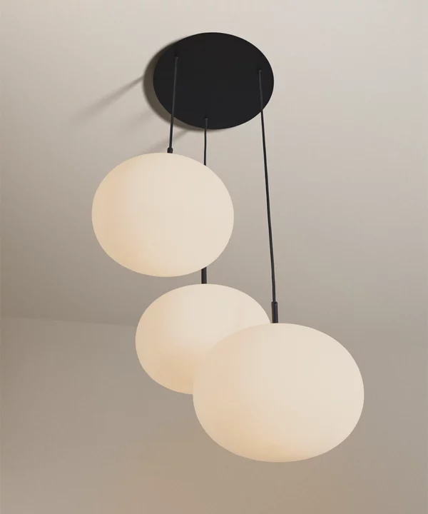 Waldorf range three light opaque glass round shade with black hardware and black Italian fabric cable